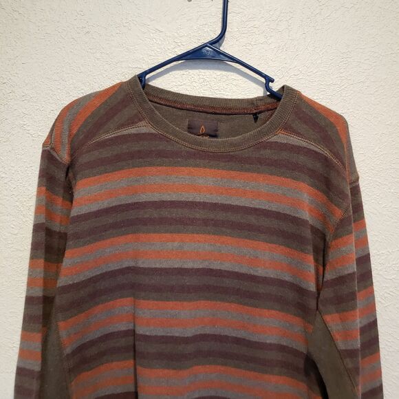 Prana Logo Breathe Cotton Hiking Outdoorsy Pullover Crewneck Brown Striped Med - Picture 2 of 9